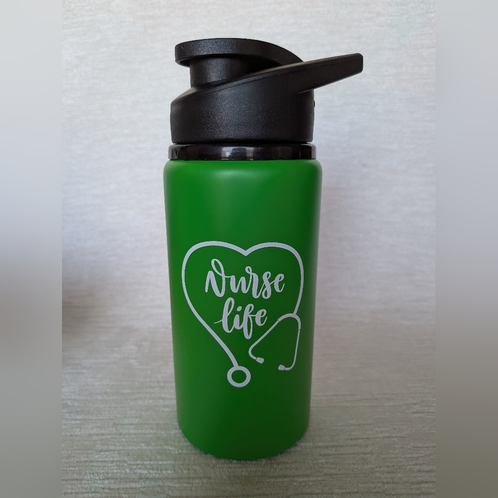 Metal Water Bottle 16oz Black Nurse Themed Green Flip Lid Never Used